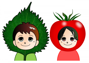 大葉とトマトの被り物をかぶった男の子と女の子の画像